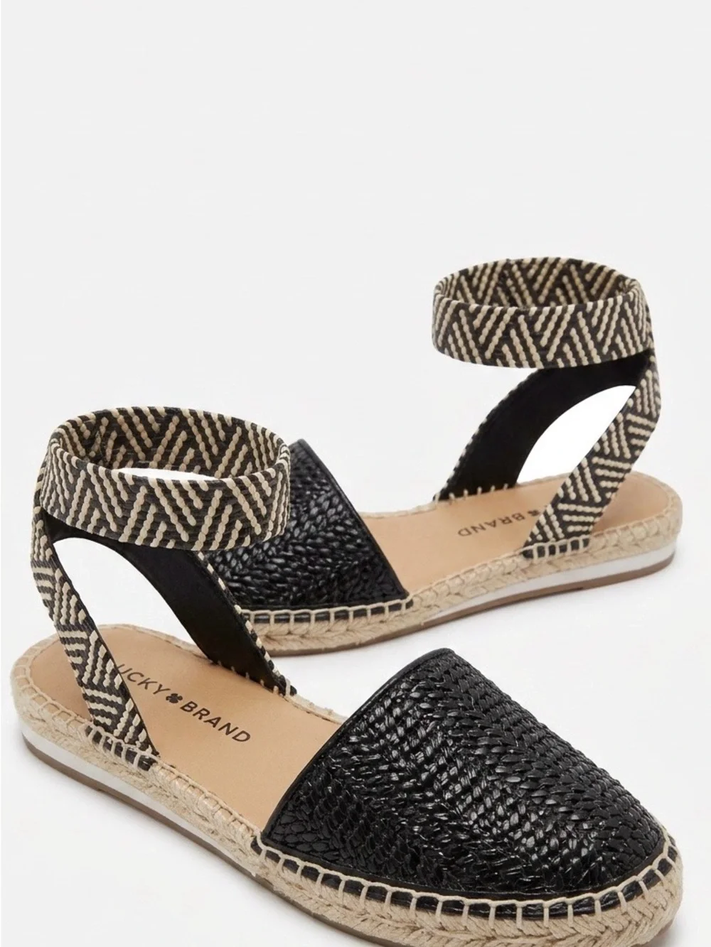 Lucky Brand Renka Black Leather Espadrille Ankle Strap Sandals Boho Chevron